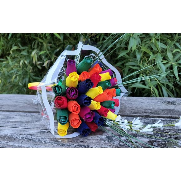 3 Doz Autism Aware Rainbow Wooden Roses Flower Bouquet. The Original Wooden Rose - Picture 5 of 8